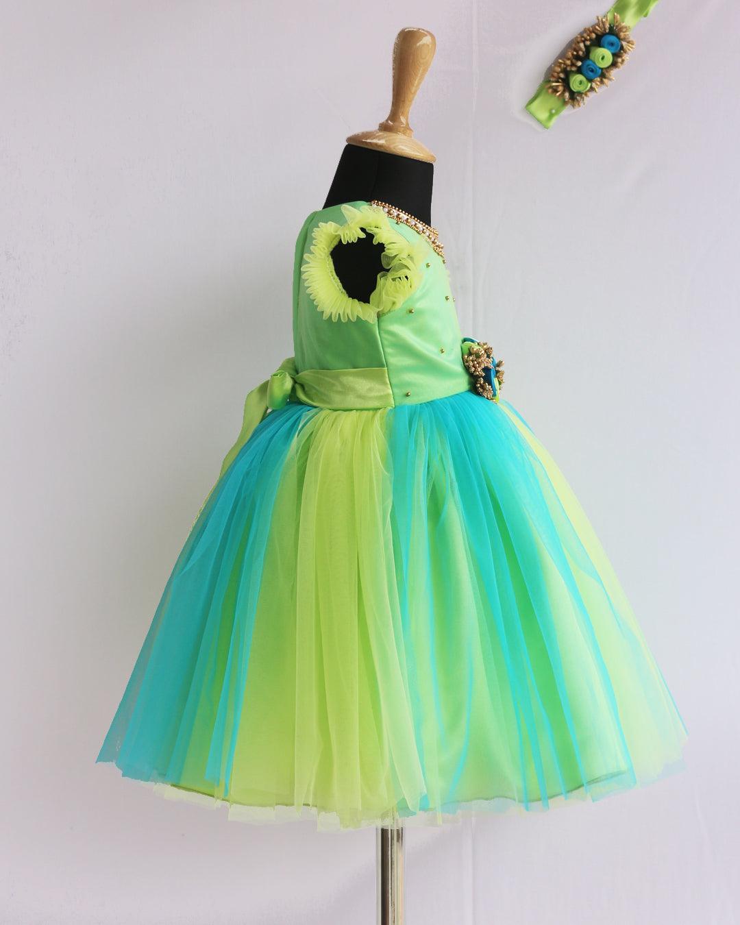 Pistagreen Skyblue Baby Girls Birthday Dress - Handwork Flower Party Frock
