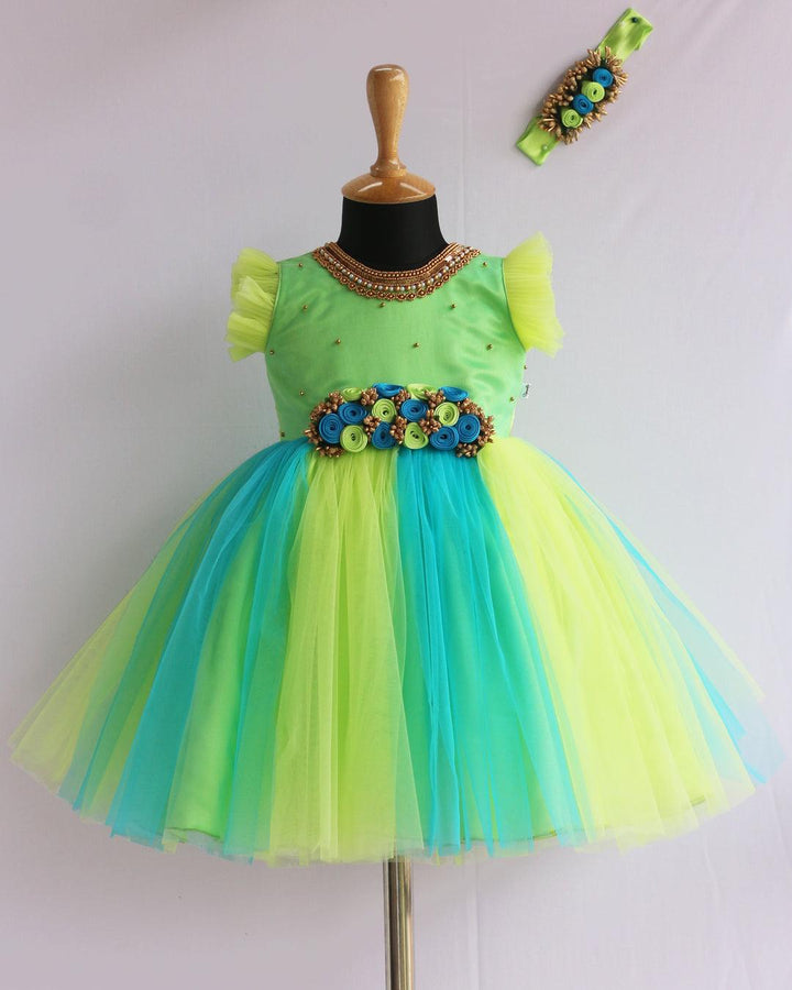 Pistagreen Skyblue Baby Girls Birthday Dress - Handwork Flower Party Frock