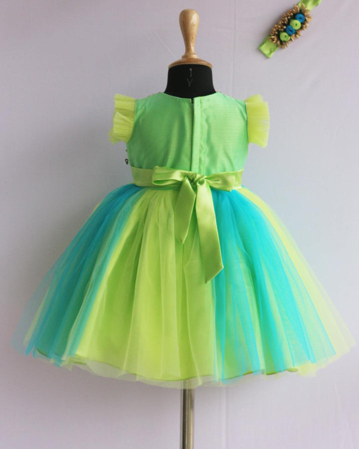Pistagreen Skyblue Baby Girls Birthday Dress - Handwork Flower Party Frock
