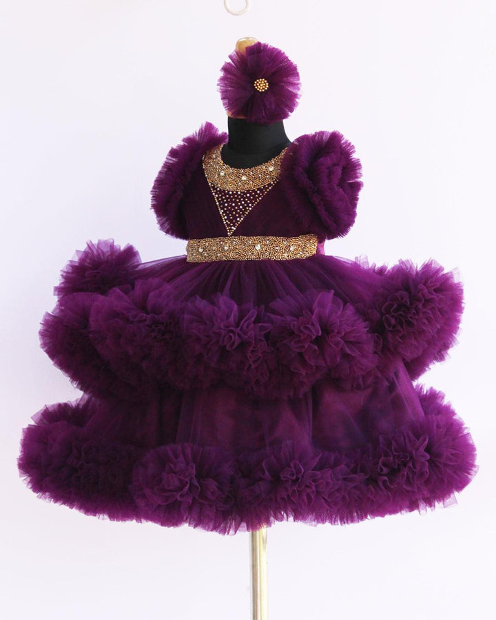 Purple Handwork Two Layer Ruffled Frock