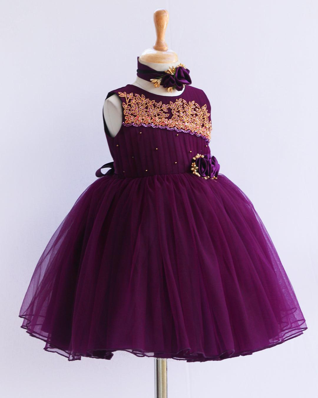 Purple Pleated Handwork Frock Stanwells Kids