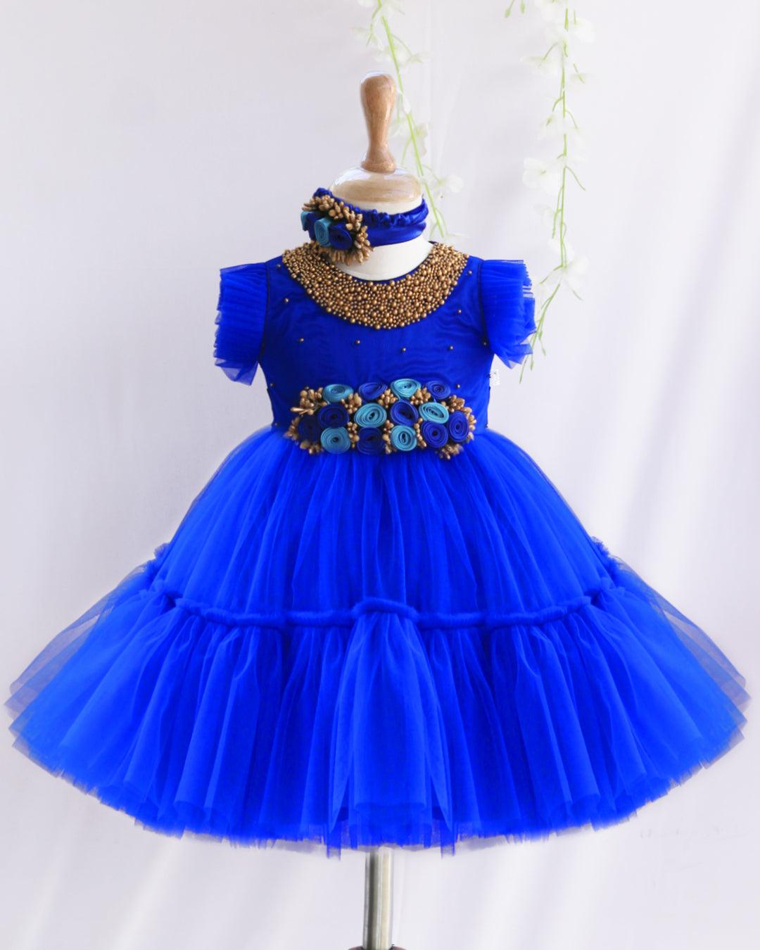 Royalblue Shade Handwork Flower Frock - Main Image