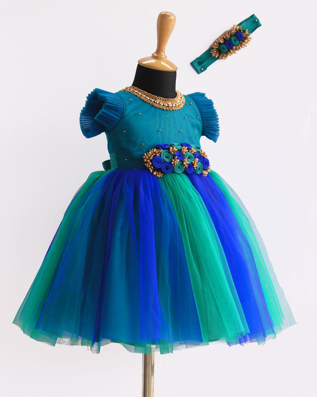 Peacock  Shade Handwork Flower Frock