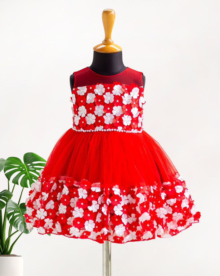 Red and white flower frock for girls – front view, Stanwells Kids