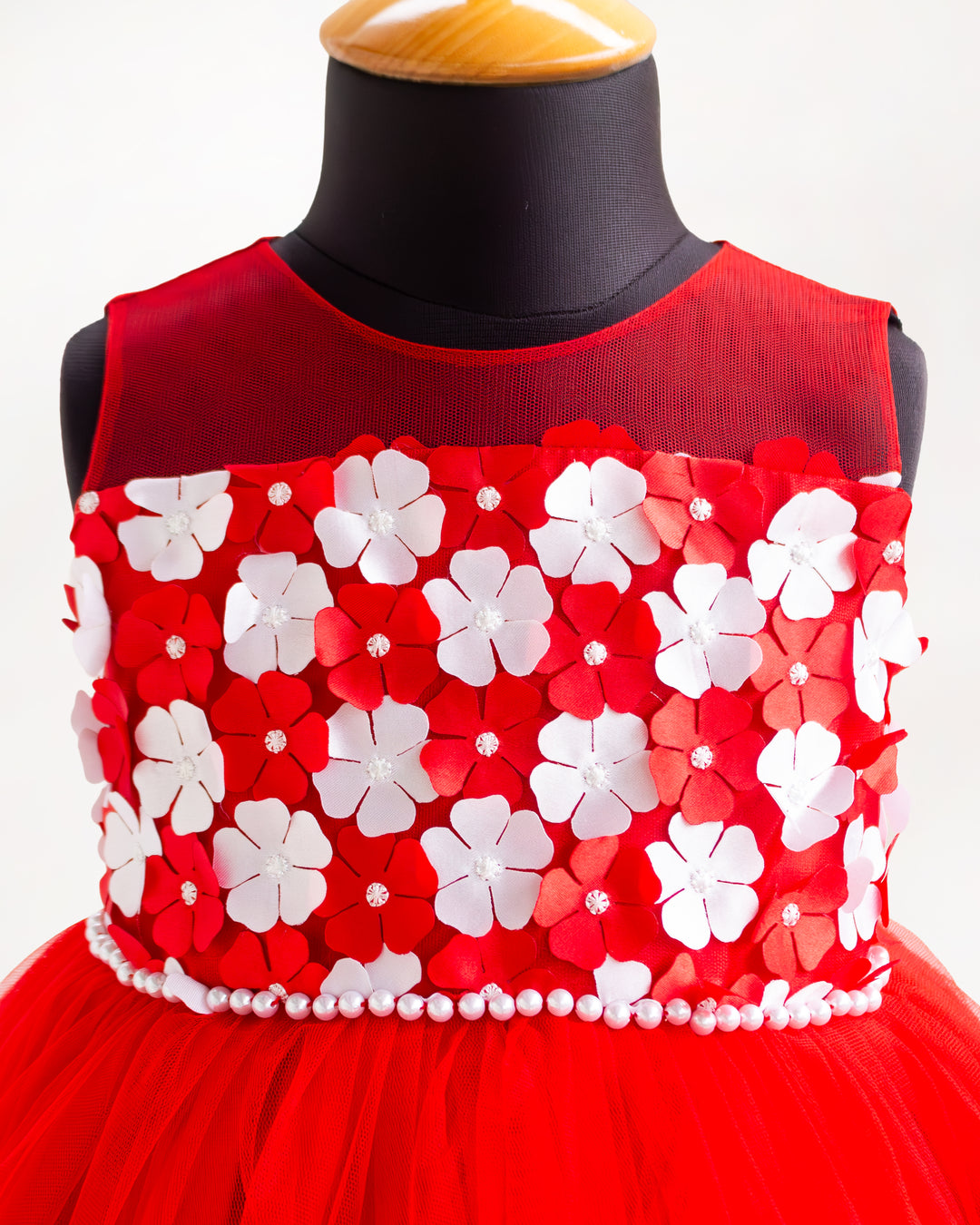 Floral embroidered yoke with satin bow detail on red &amp; white frock – Stanwells Kids