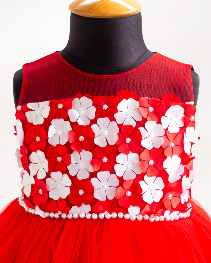 Floral embroidered yoke with satin bow detail on red &amp; white frock – Stanwells Kids