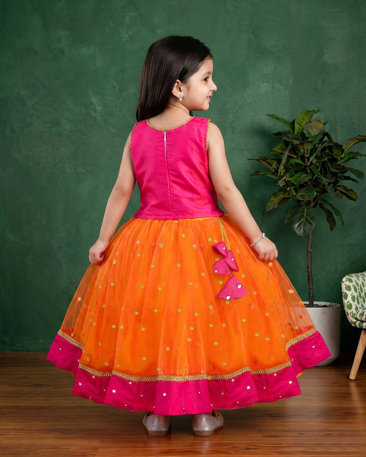 Orange and magenta South Indian dress for baby girls, traditional birthday dress, ethnic frock, kids festive wear, Stanwells Kids ethnic collection