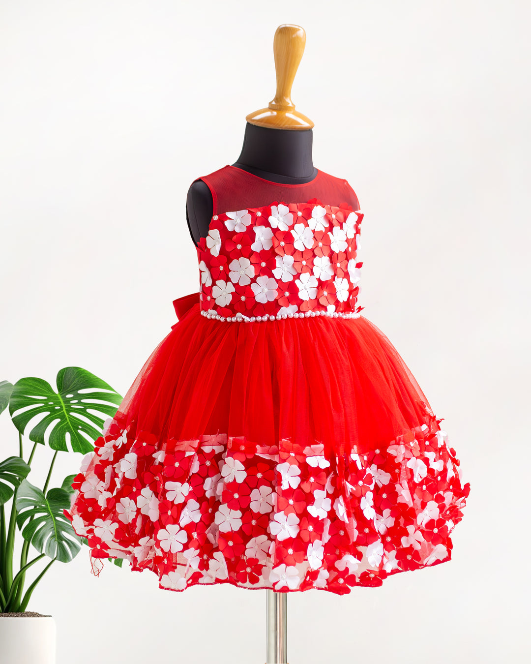 Below knee red &amp; white flower frock for baby girl – party wear, Stanwells Kids