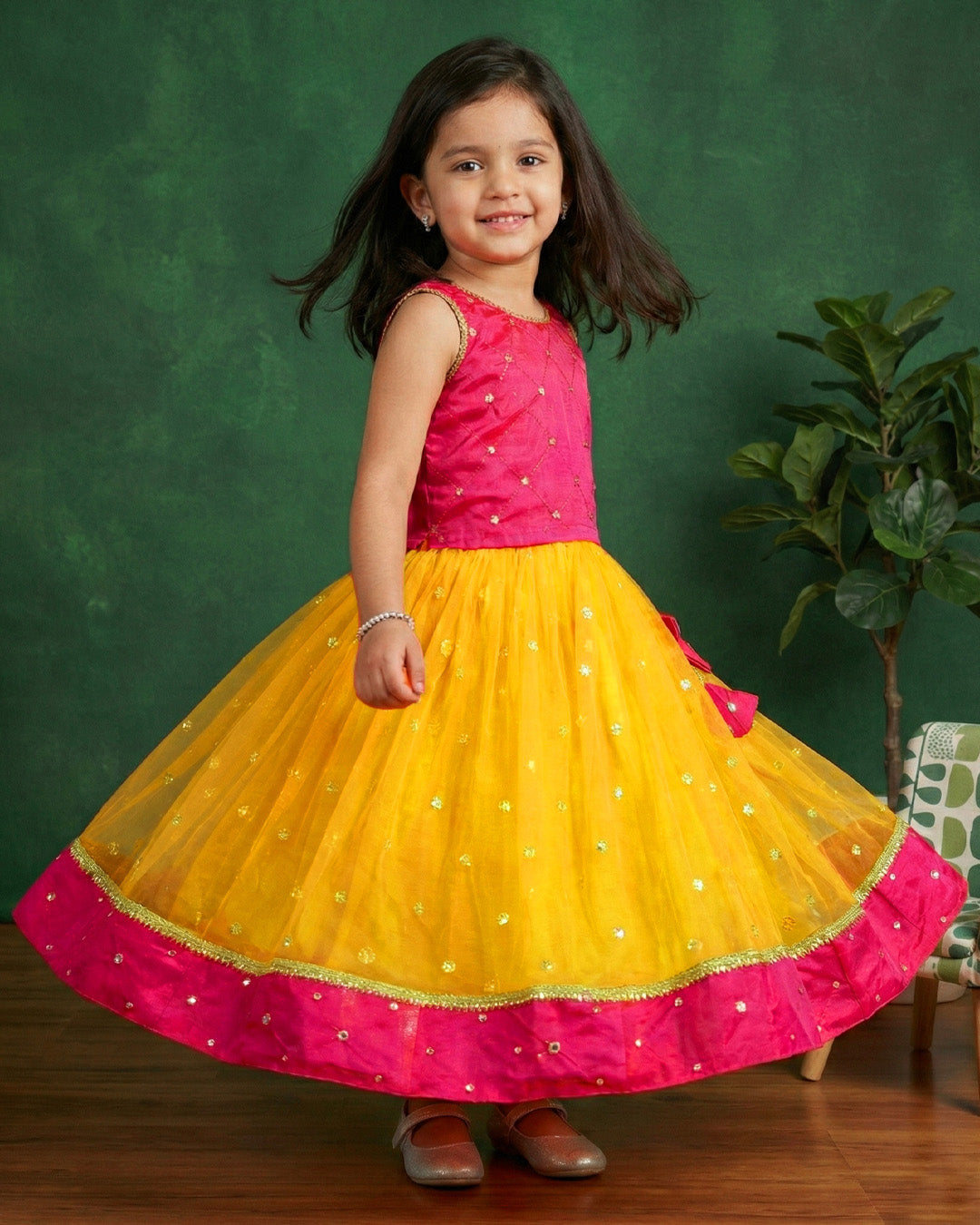 Yellow and magenta mirror work lehenga choli for baby girls

South Indian traditional birthday dress for girls

Mirror work festive wear lehenga choli

Baby girls ethnic partywear dress

Designer lehenga choli set for toddlers

Kids traditional outfit yellow magenta

Stanwells Kids festive birthday dress