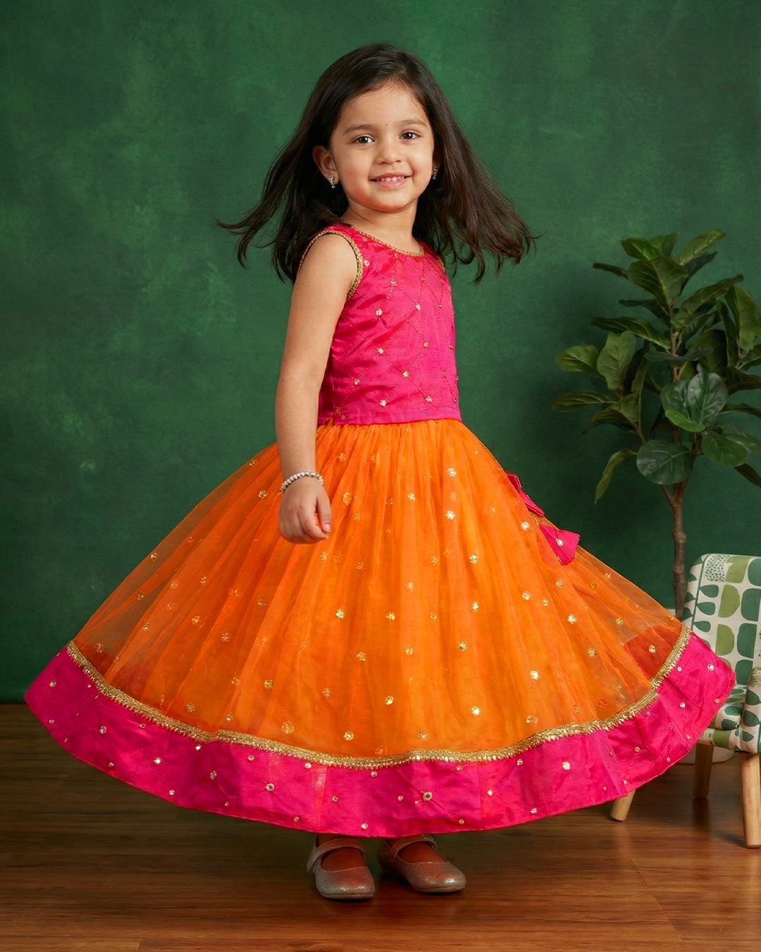 Orange and magenta South Indian dress for baby girls, traditional birthday dress, ethnic frock, kids festive wear, Stanwells Kids ethnic collection