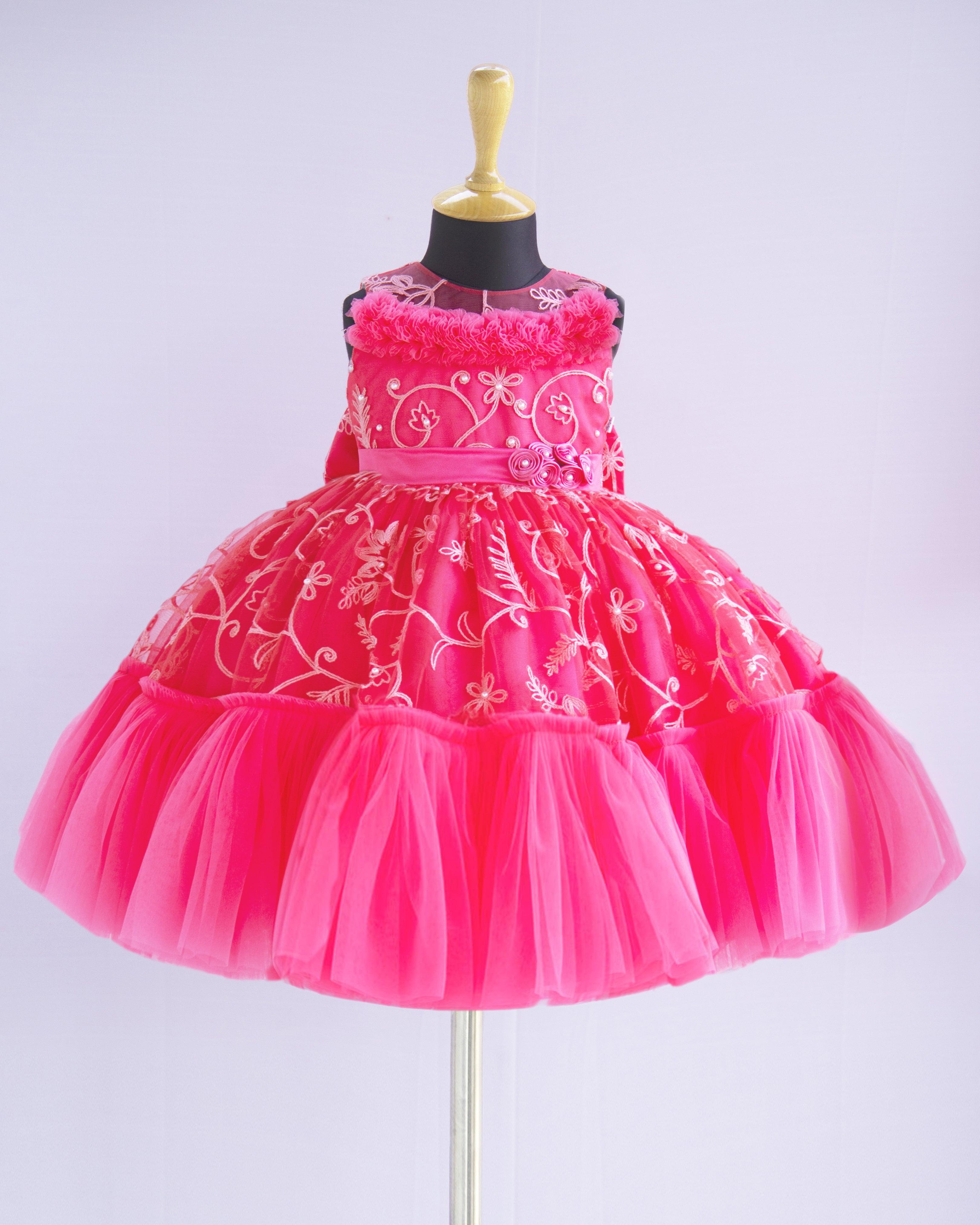 Hand made Party wear- kids Designer wear peach store frock for 1 to 2 years