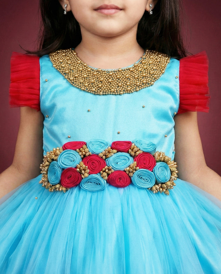 Sky blue and rani pink handwork flower birthday dress for baby girls party wear