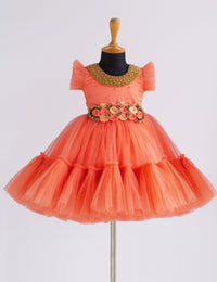 Coral Peach Handwork Flower Flared Birthday Frock for Baby Girl – Stanwells Kids