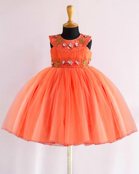 Coral peach handwork belt sleeveless birthday frock for baby girl – Stanwells Kids
