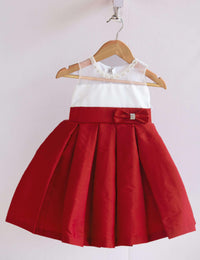 Red & White Combo Baby-Girls Box Pleated Tafetta Silk Handwork Frock