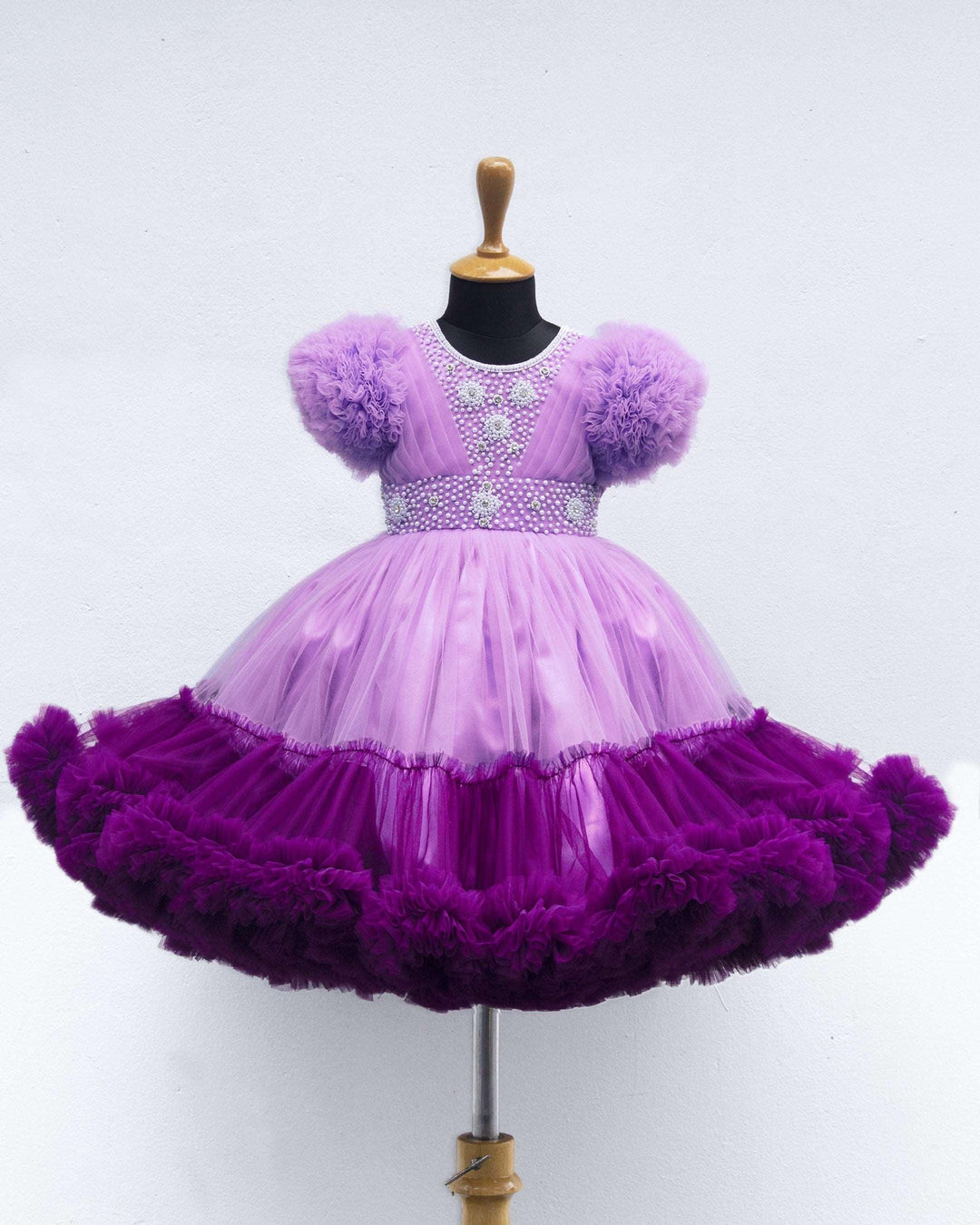 Lilac & Purple Combo Heavy Handwork Partywear Flared Ruffles Full Gown