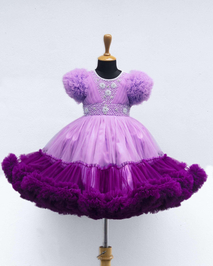 Lilac & Purple Combo Heavy Handwork Partywear Flared Ruffles Full Gown