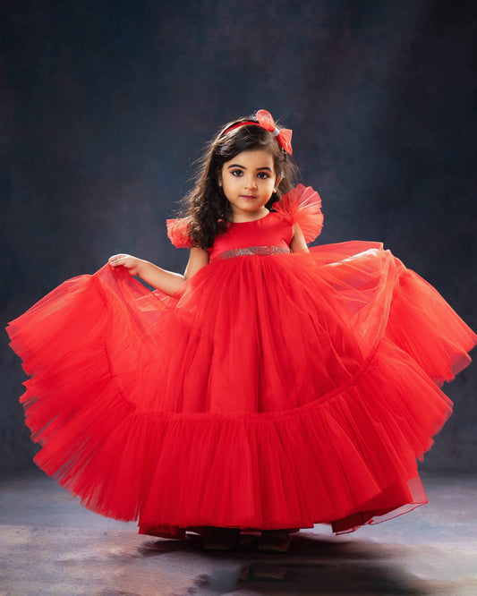 Red pleated ruffles long birthday gown for baby girl – Stanwells Kids