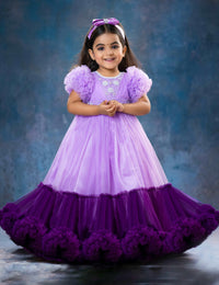 Lilac & Purple Combo Heavy Handwork Partywear Flared Ruffles Full Gown