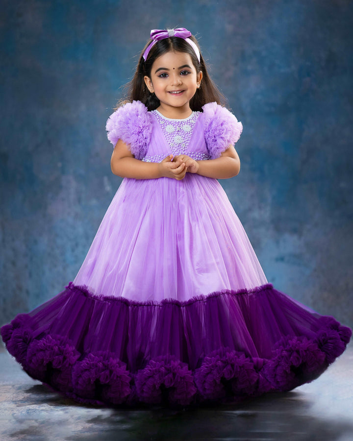 Lilac & Purple Combo Heavy Handwork Partywear Flared Ruffles Full Gown