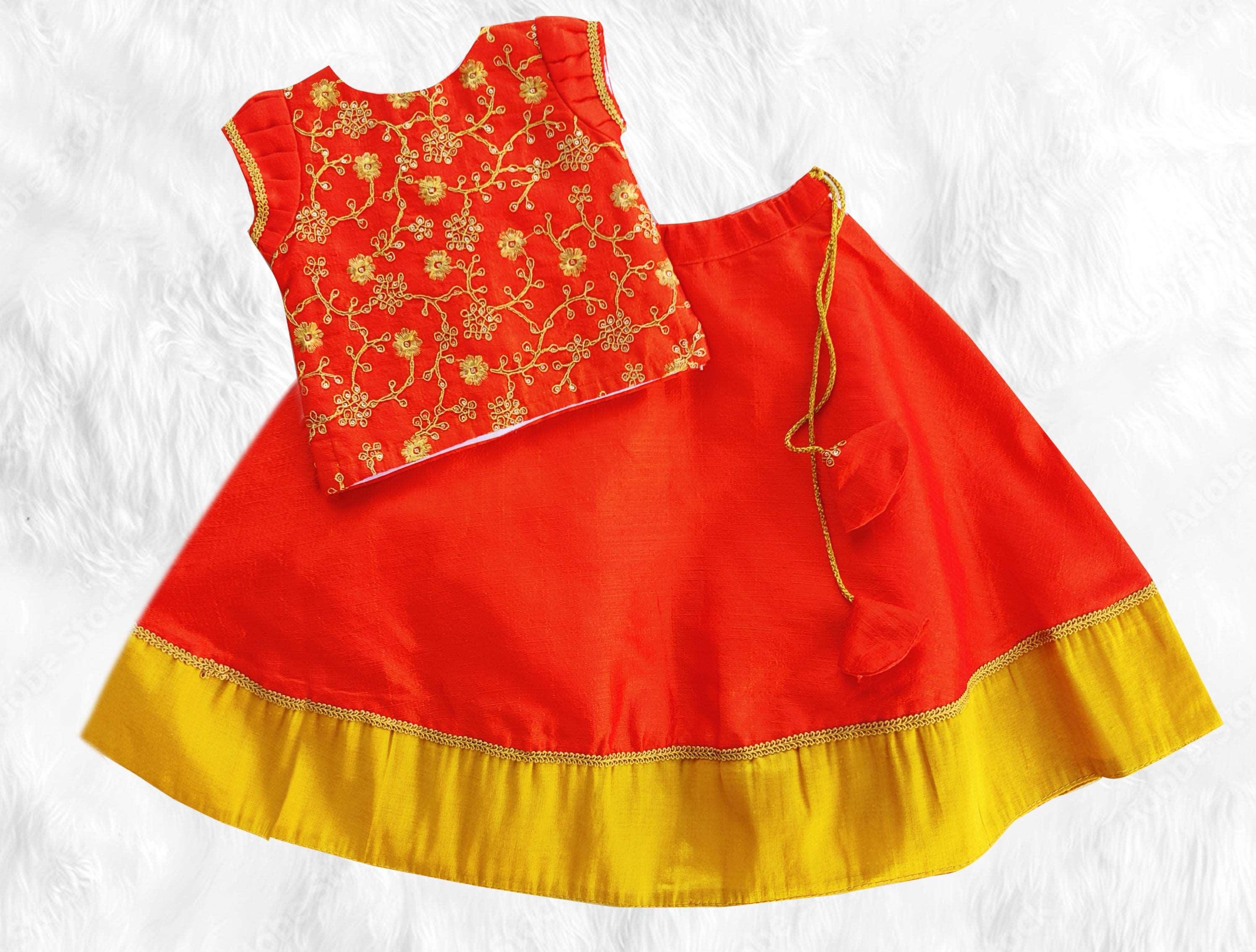 Raw silk readymade kids lehenga orange and grey with patch work neck p –  Cherrypick