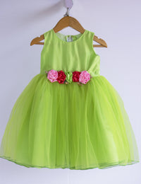 Lime Green Shade Baby-Girls Sleeveless Premium  Flower Frock -Sample
