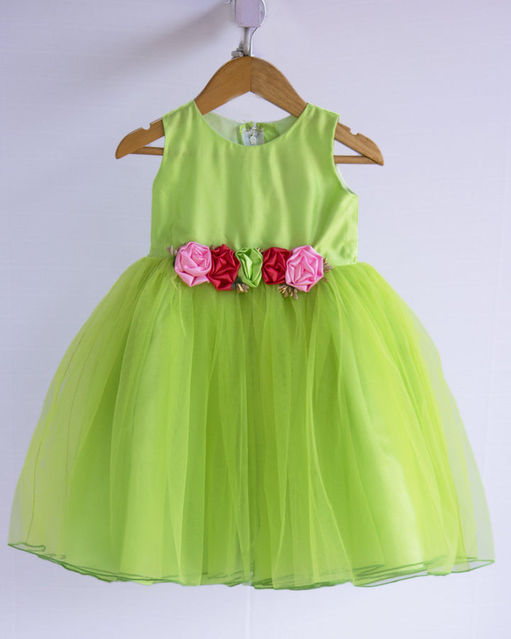 Lime Green Shade Baby-Girls Sleeveless Premium  Flower Frock