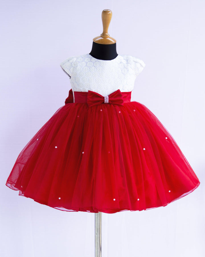 Red & Offwhite Combo  Baby Girls Premium Partywear Flared Frock
