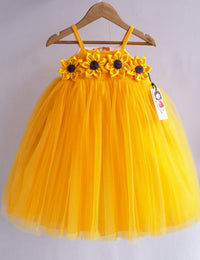 Sun Yellow Shade Shoulder Strap Pattern Sun Flower Theme Partywear Frock