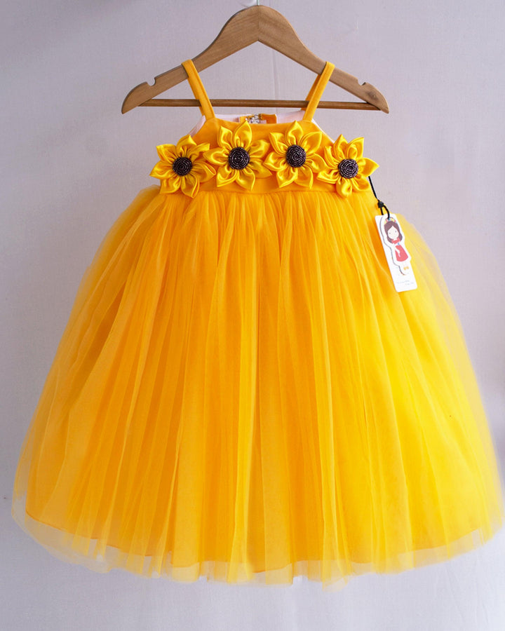 Sun Yellow Shade Shoulder Strap Pattern Sun Flower Theme Partywear Frock