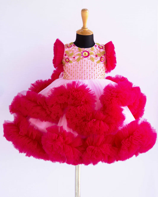 Baby pink rani pink heavy handwork birthday frock for baby girl – Stanwells Kids