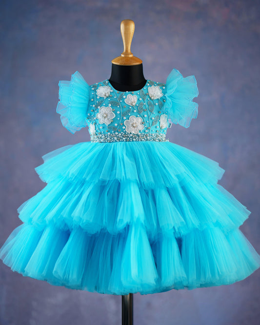 Sky Blue Handwork Pleated Partywear Baby- Girls Birthday Step Frock - Stanwells Kids
