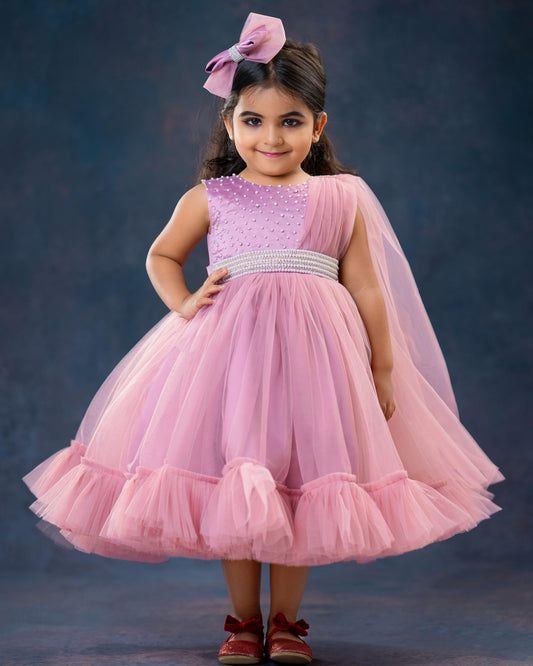 Dust pink handwork semi-saree style birthday frock for baby girl – Stanwells Kids