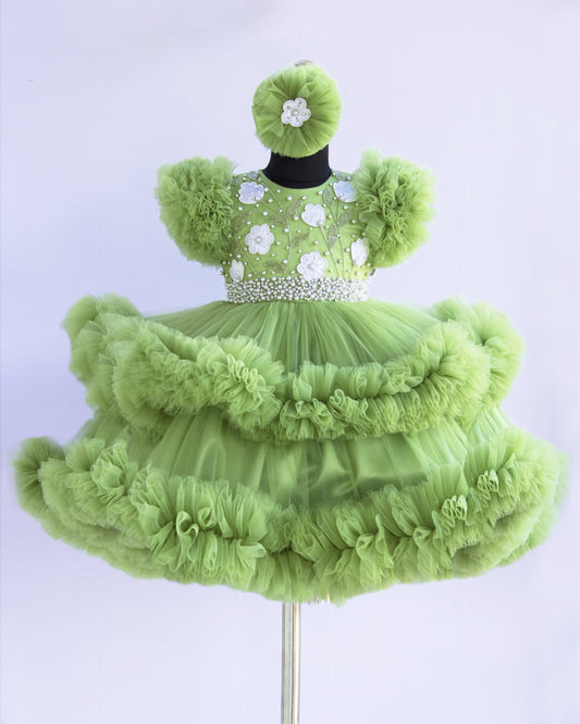 Pista green handwork heavy ruffles frock front view baby girl – Stanwells Kids
