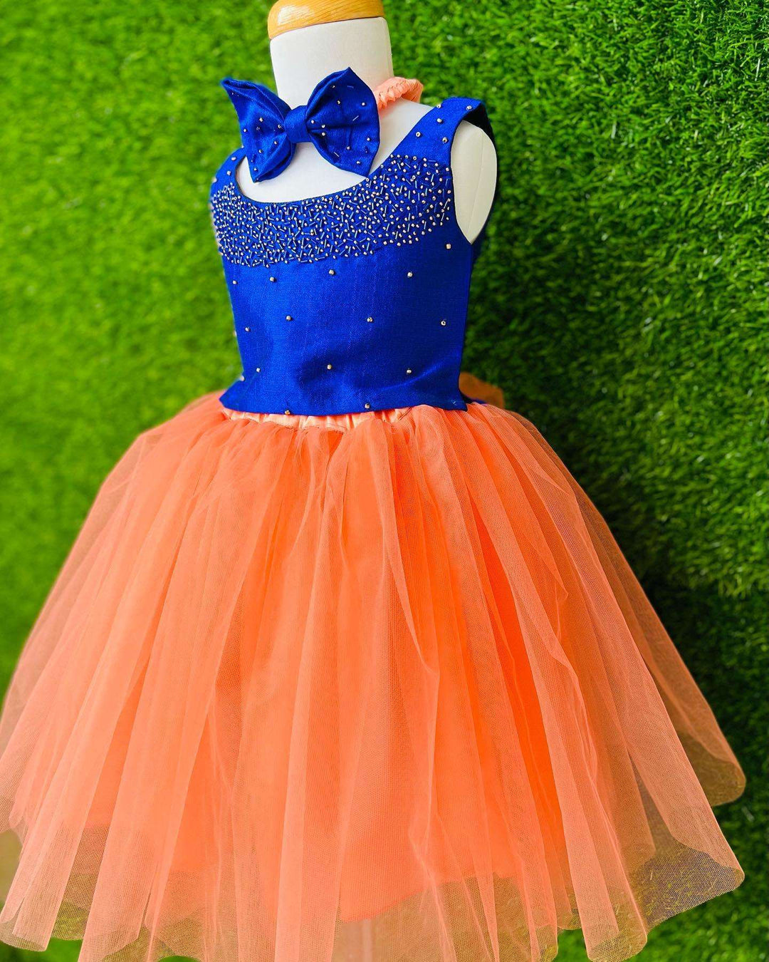 Peach & Royalblue  Short Skirt and Crop Top With Matching Hairband