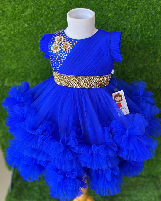 Royal Blue Baby Girls Birthday Dress - Layered Pleated Ruffled Frock