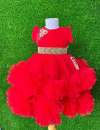 Red Layered Pleated Heavy Ruffled Hand embroidery Birthday Frock