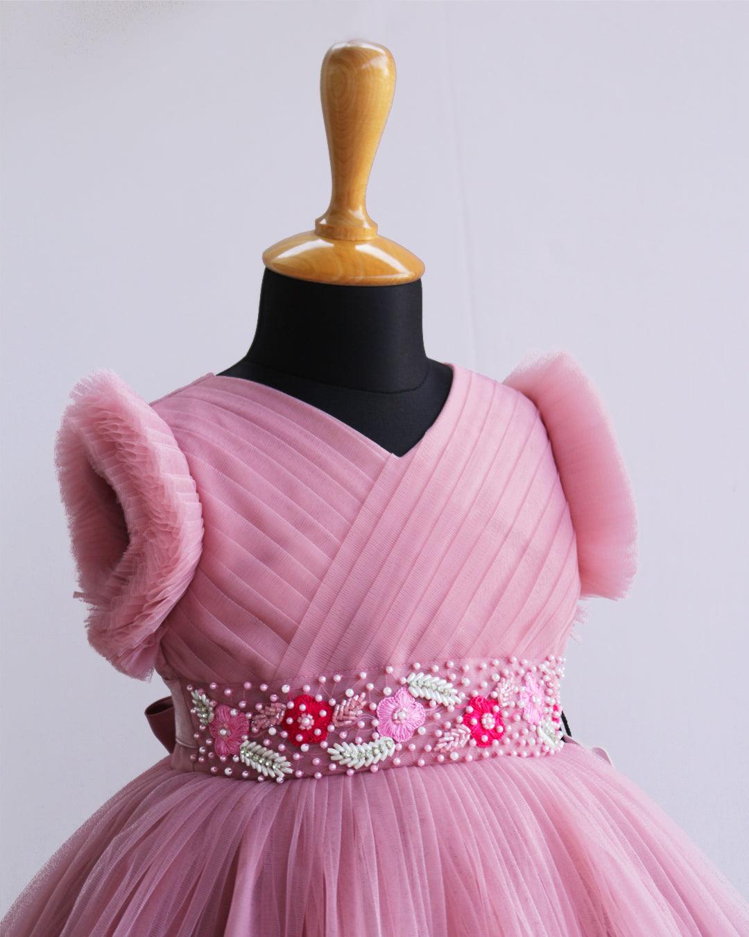 Dust Pink & Grapevine Combo Ruffles Partywear Handwork Frock - Stanwells Kids