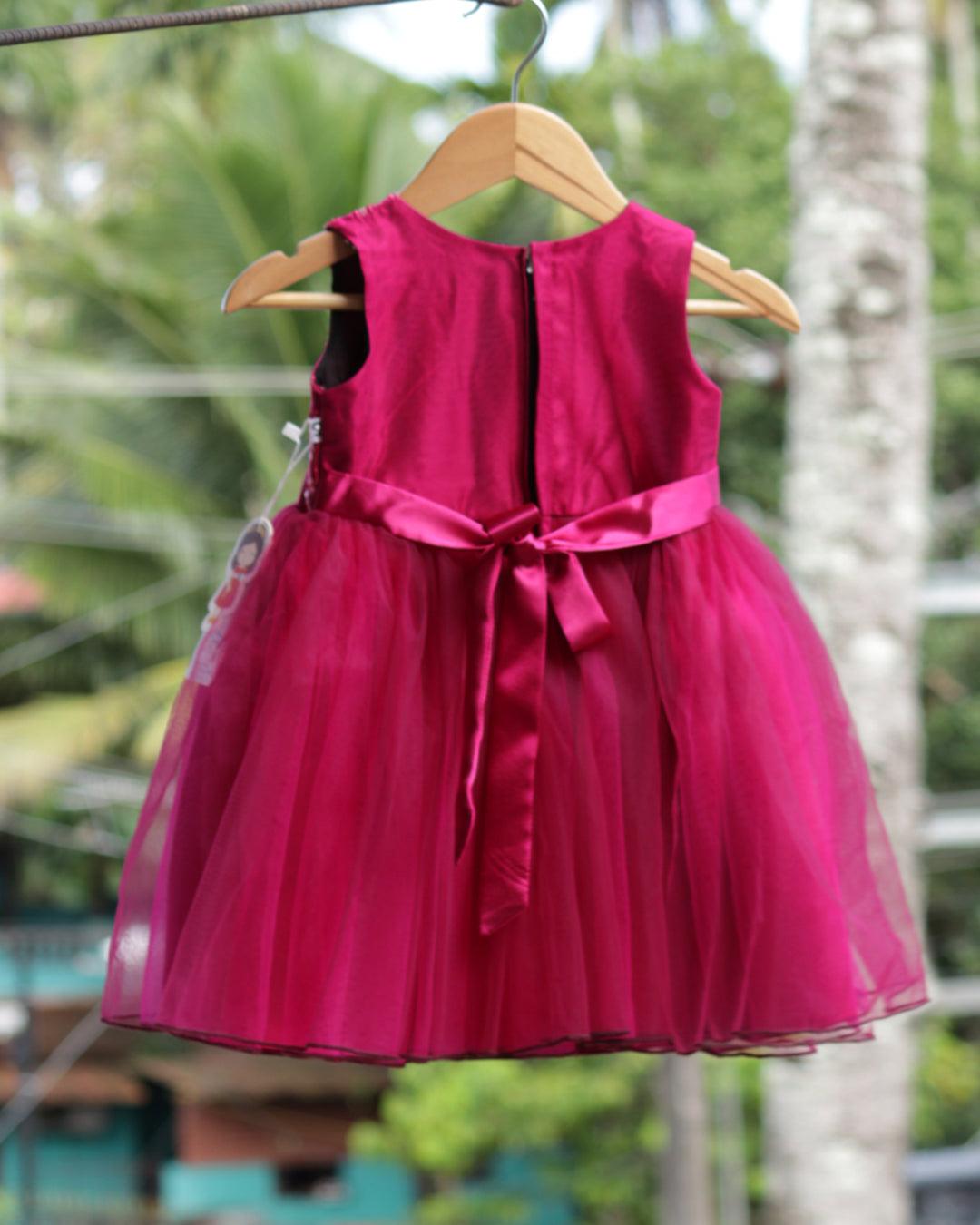 Dark Magenta Sequins Embroidery Partywear Bow Frock