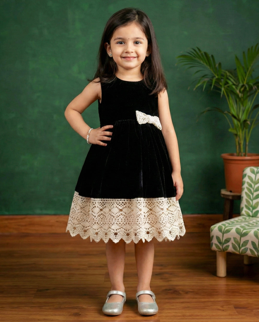 Black Shade Crochet Velvet Knee Length Bow Frock