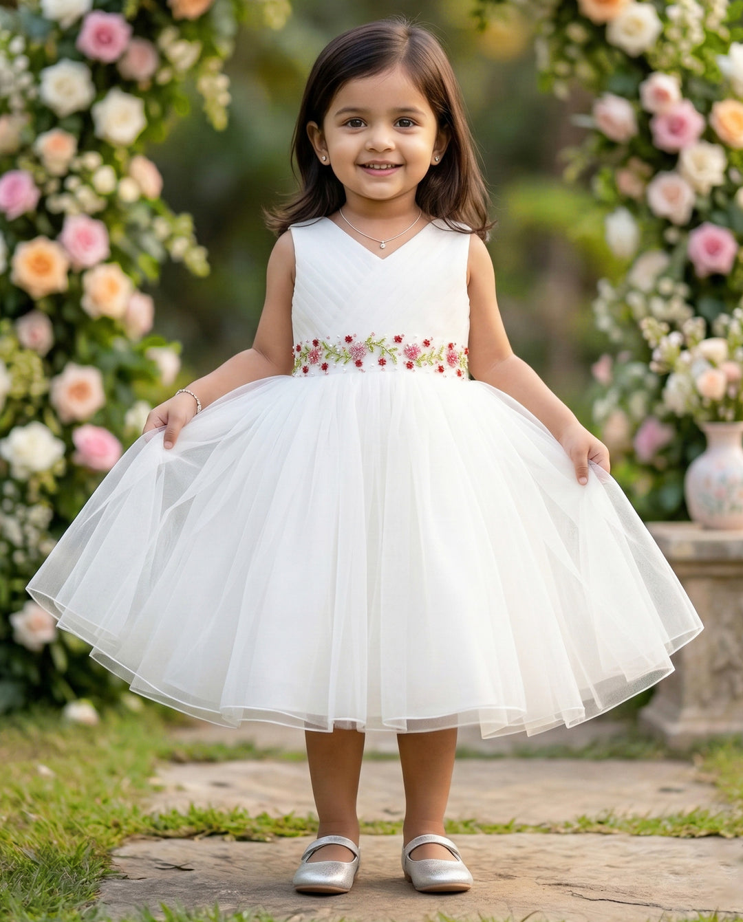 Off-white Shade Pleated Handwork Baby-Girls Sleeveless Frock
Material : Off-white shade pleated party perfect handwork frock is made with soft nylon net fabric. The yoke portion of the frock is designed in pleated with V-neck