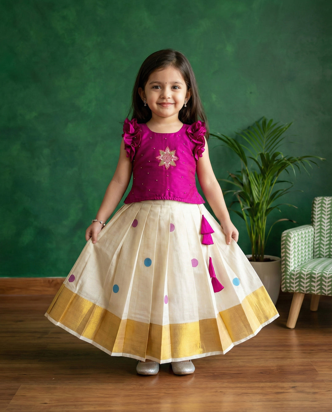 Cream magenta Kerala kasavu applique lehenga choli baby girl birthday dress Onam outfit traditional festive kids lehenga