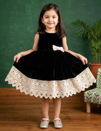 Black Velvet Crochet Bow Knee Length Frock for Baby Girl – Stanwells Kids