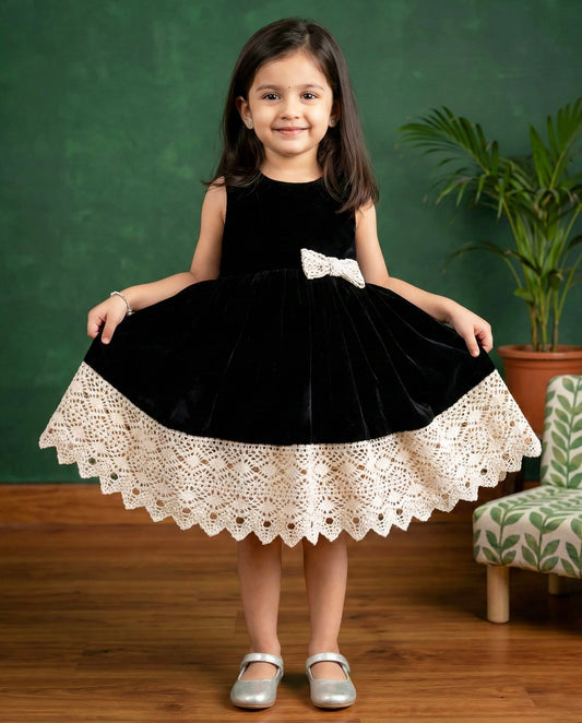Black Shade Crochet Velvet Knee Length Bow Frock