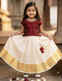Sandal Maroon Kerala Kasavu Handwork Silk Lehenga Choli for Baby Girl – Stanwells Kids