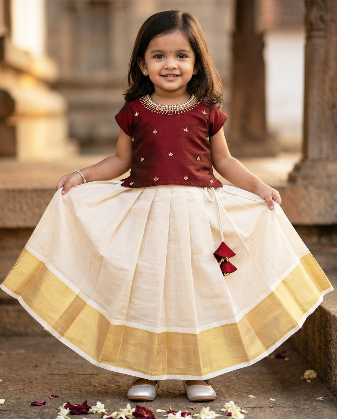 Baby girls birthday dress – golden and maroon Kerala Kasavu silk lehenga with handwork


