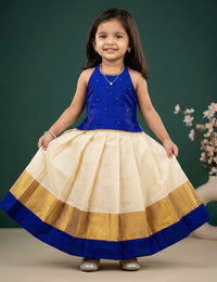 Cream Royal Blue Traditional Kerala Kasavu Onam Lehenga Choli for Baby Girl – Stanwells Kids