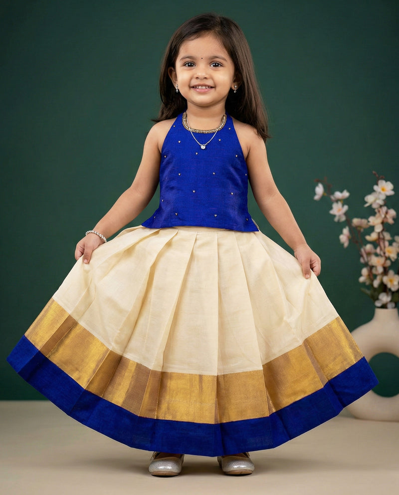Cream Royal Blue Traditional Kerala Kasavu Onam Lehenga Choli for Baby Girl – Stanwells Kids