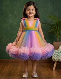 Rainbow Theme  Multi Colour Party Perfect Heavy Ruffles Birthday Frock