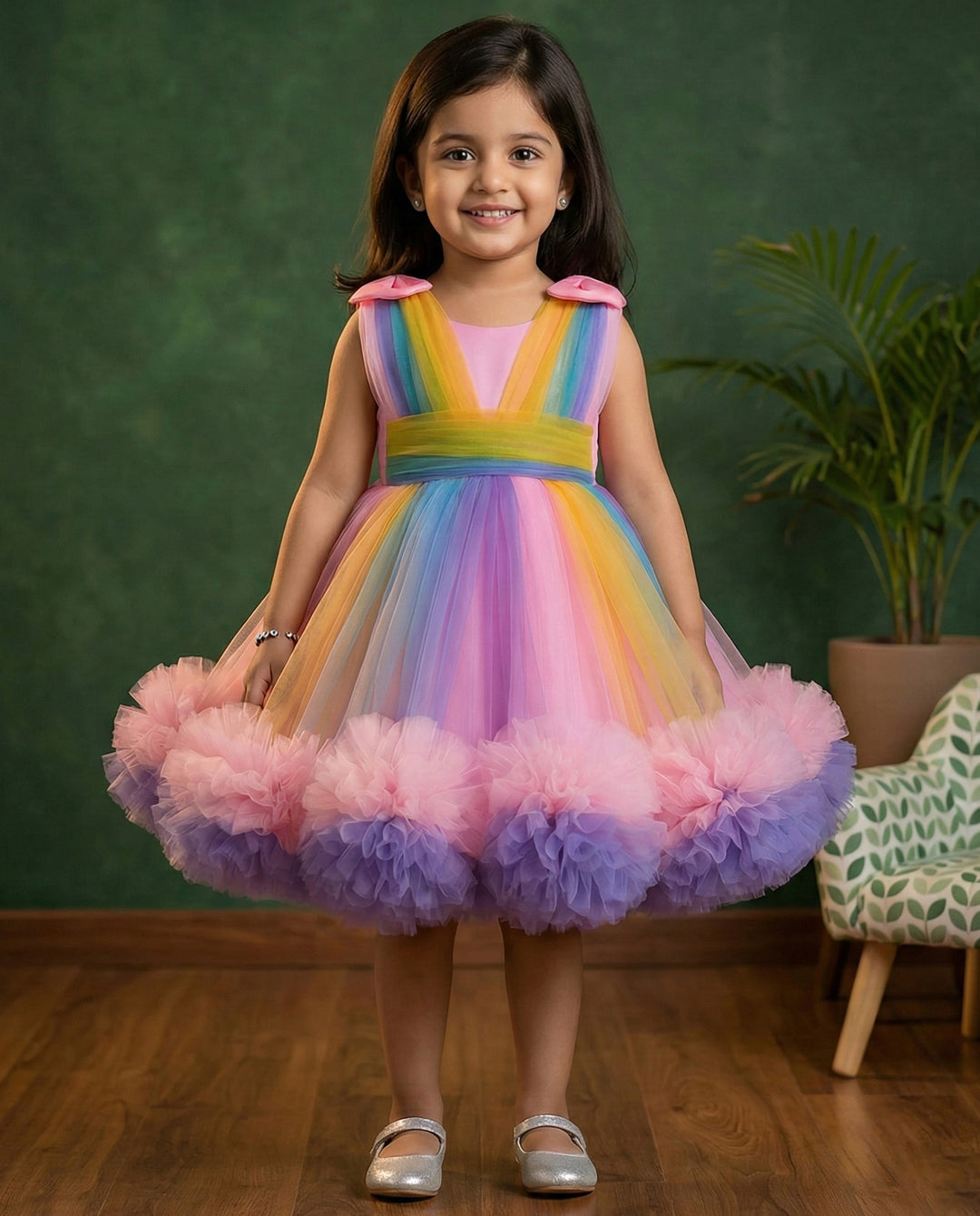 Rainbow theme baby girl birthday dress, multi-colour party frock, heavy ruffles kids birthday outfit